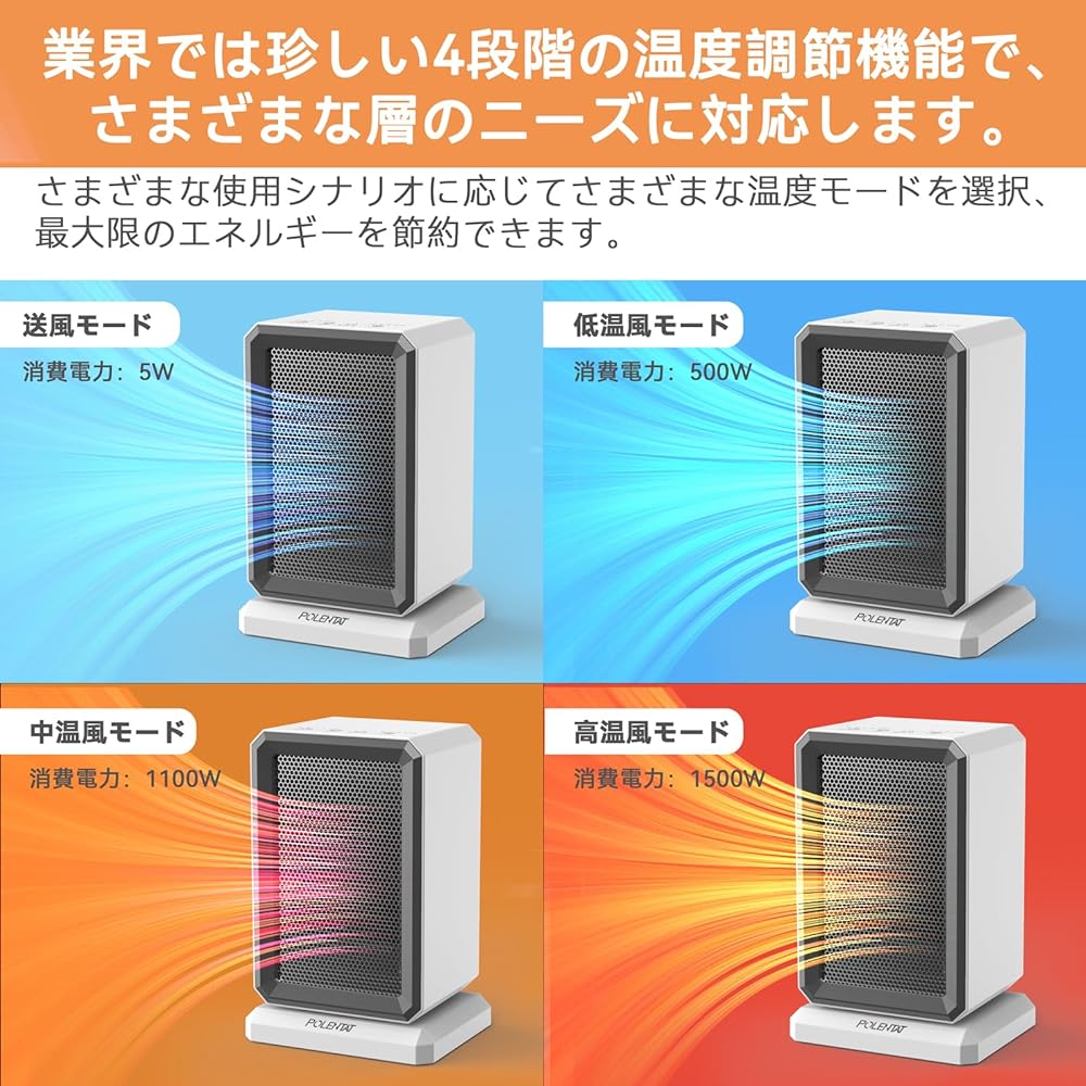 POLENTAT 2023 Winter Model Ceramic Heater, Electric Fan Heater, Small, 1500W, 1,100W, 500W, 4 Level Switching, 6-9 Tatami Mat, 2 Second Heat, 70° Neck Shake, Fall Auto Off, Timer Off, Handle Included,