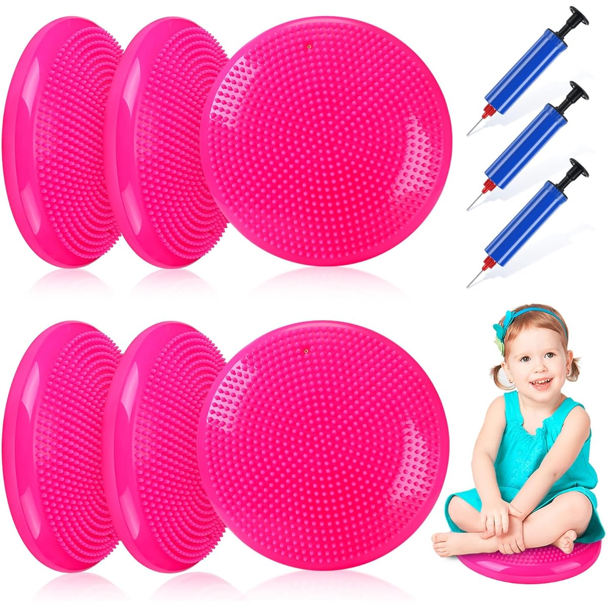Riakrum Inflatable Wobble Cushion Exercise Balance Stability Disc with 3 Hand Pumps, Flexible Seat, Wiggle Seat, Sensory for Kids and Adults, Gym, School, Home, Office, Workout, 6 Pieces