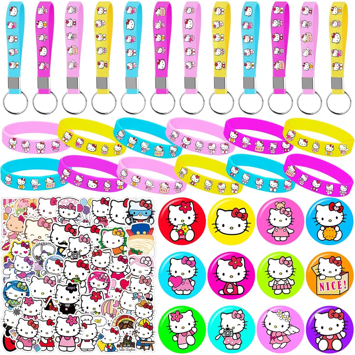 AVONO Hello Kitty Birthday Party Supplies, 86 Pack Party Favors, 12 Bracelets, 12 Button Pins, 12 Key Chains, 50 Stickers, Girls Hello Kitty Theme Party Gifts