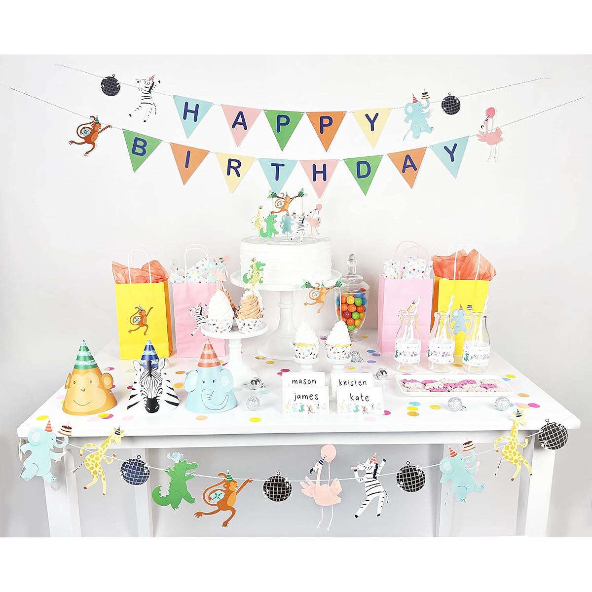 Party Animals Happy Birthday Banner | Zebra, Flamingo, Elephant, Monkey | Toddler Birthday Party Decorations