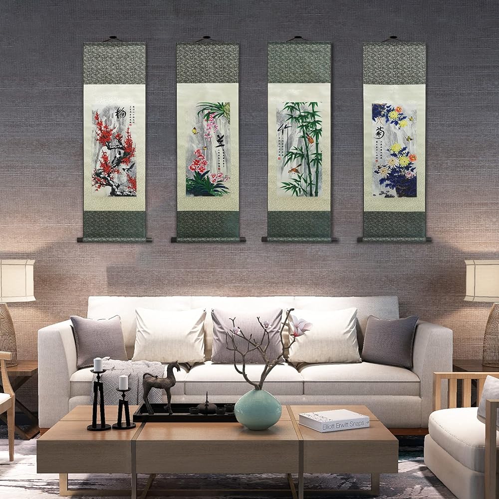 Silk Hanging Scroll Silk Scroll Painting Asian Wall Decoration Four Gentlemen - Plum Orchid Bamboo Chrysanthemum Beautiful Chinese Painting Hanging Scroll Painting Scroll Oriental Ornament 99 x 30 cm (39 x 12 inch)