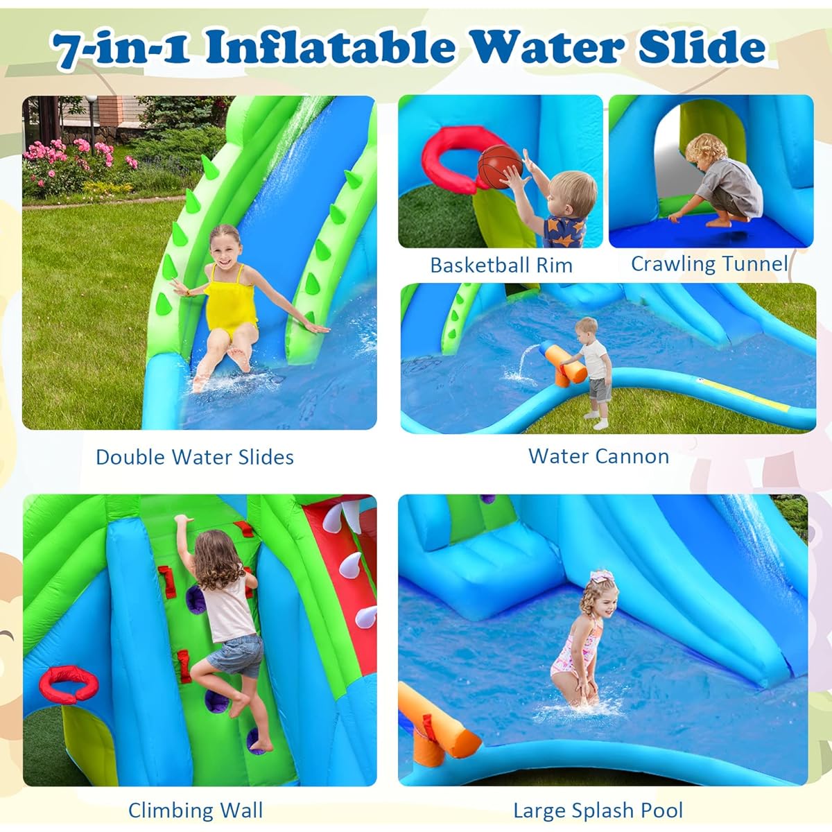HONEY JOY Inflatable Water Slide for Kids, 7-in-1 Crocodile Splash and Slide Water Castle with Climb Wall & Long Slide, Crawl Tunnel & Splash Pool, Outdoor Blow Up Water Park for Backyard (No Blower)