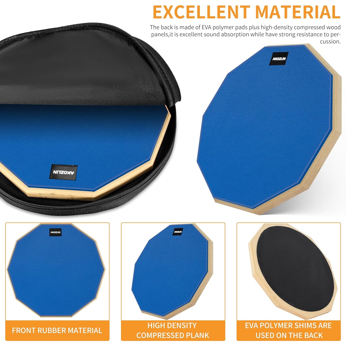 AKOZLIN Drum Pad Stand Set 12 Inch Double Sided Silent Drum Pad Drum Sticks Adjustable Snare Stand Drumstick Holder Storage Bag Blue