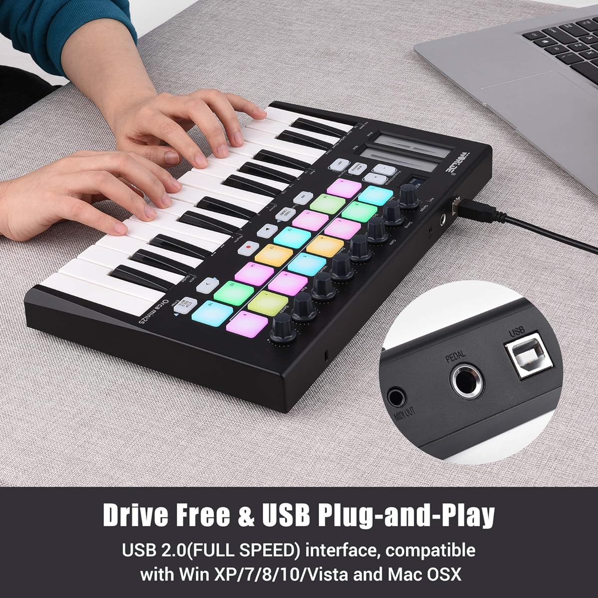 summina Portable 25 Key USB MIDI Keyboard Controller with 16 RGB Backlit Trigger Pads and 8 Assignable Control Knobs