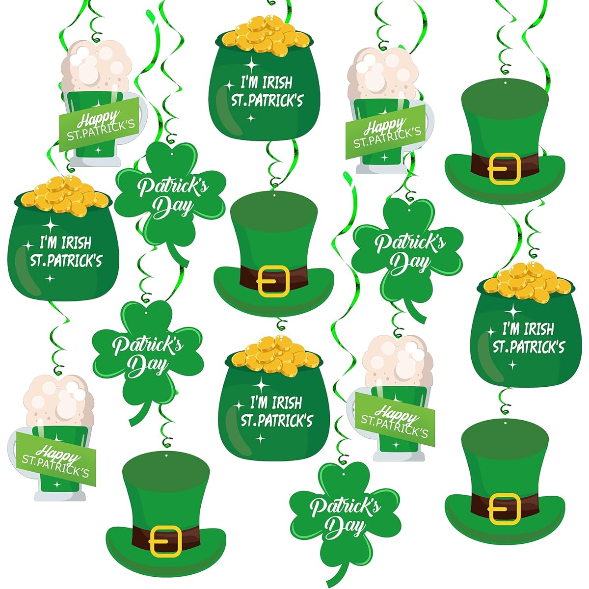 Happy St. Patrick's Day Irish Hanging Swirls - 30 Pieces | Lucky Irish Green Shamrock Foil St. Patrick's Day Hanging Decorations | St. Patrick's Day Irish Hanging Decorations | St. Patrick's Day Decorations