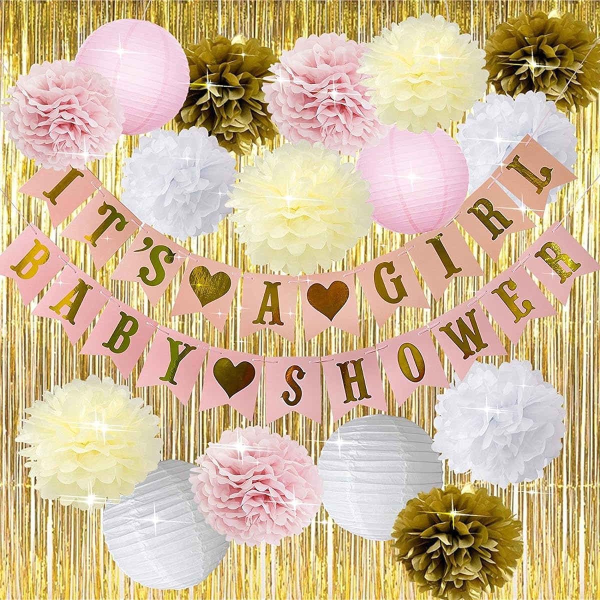 Big Size Girl Baby Shower It's A Girl Garland Bunting Banner Paper Pom Pom Flower Paper Lantern Tissue Paper Tassel Garland for Party Decorations Pink and Gold Baby Shower Decorations