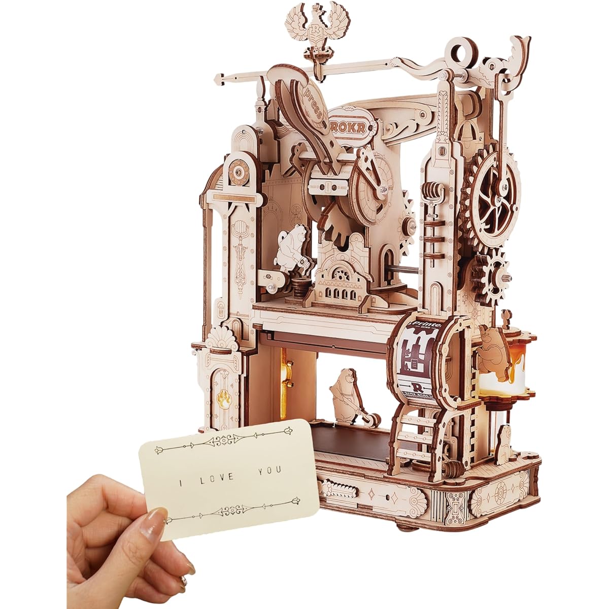 KR 3D Puzzle Printing Machine Printer Movable Model Large Presence Mechanical Wooden 3D Wood Puzzle Stamp Printing Hobby Craft Kit DIY Craft Assembly Killing Time Educational Toy Gift for Girls New Year Celebration Gift Birthday Present Christmas Present