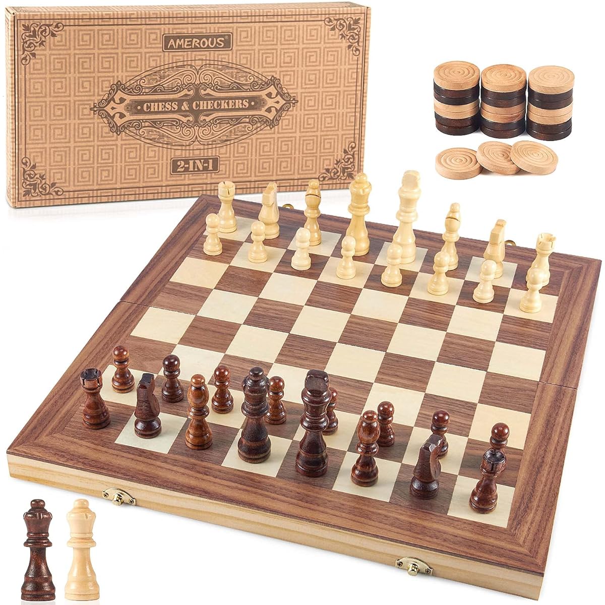 AMEROUS 15" Wooden Chess & Checkers Set, 2 in 1 Board Game, 2 Extra Queens, Foldable Board, 24 Pieces, Gift Boxed, Chessman Storage Slot, Beginner Chess Set for Kids and Adults