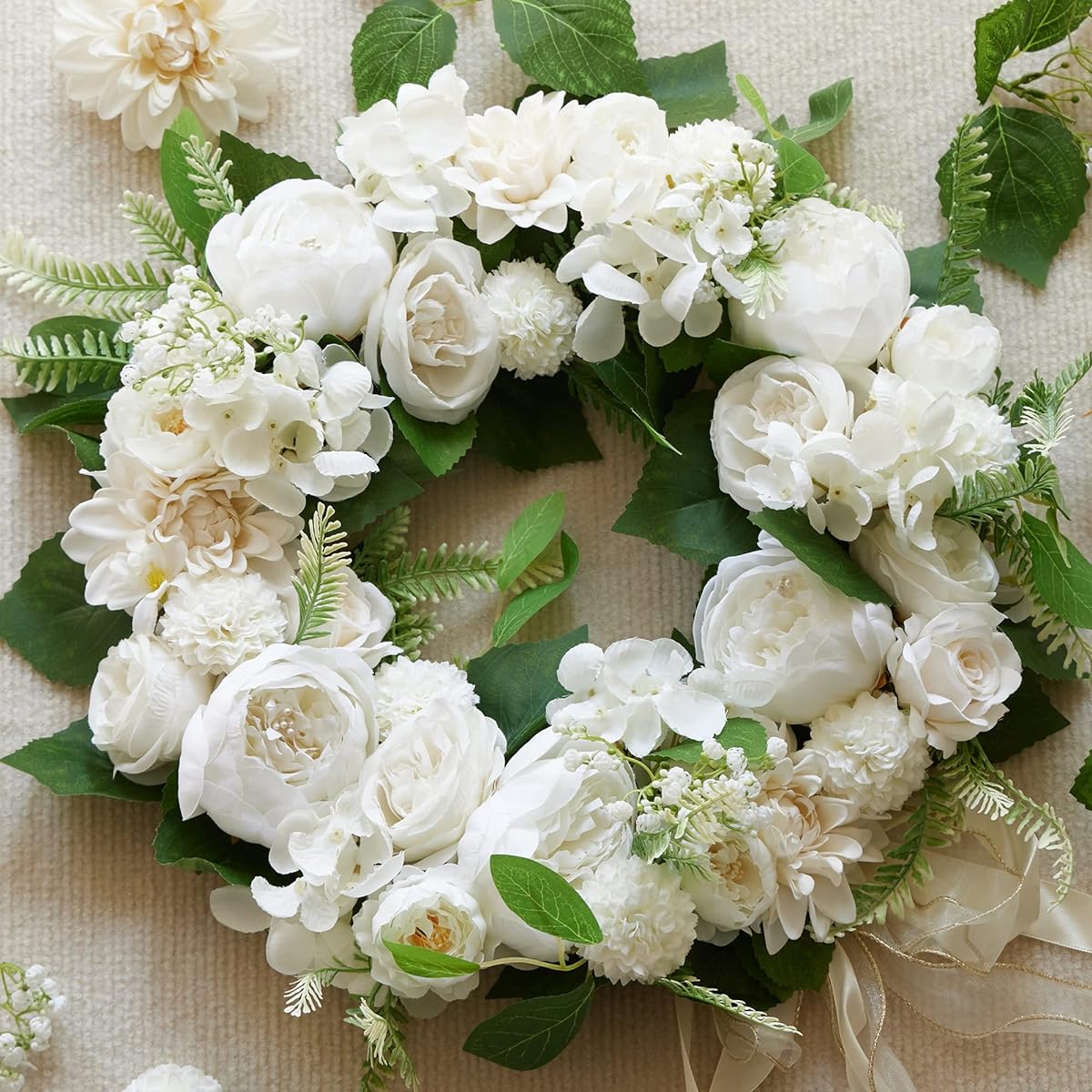 MISSPIN Artificial Flower Wreath for Front Door, Artificial White Peony Hydrangea Wreath for Home Decoration Window Wall Wedding