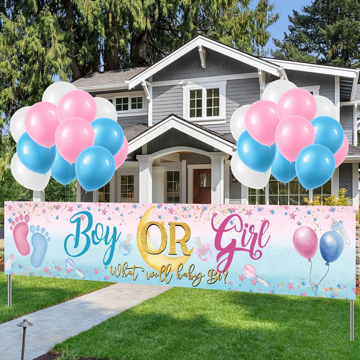 Gender Reveal Yard Signs Boy or Girl Banner Blue Pink Balloons What Will Baby Be Boy or Girl Gender Reveal Party Supplies