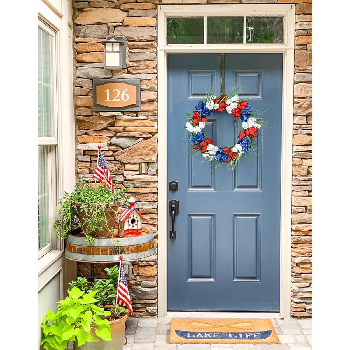 Lvydec Independence Day Tulip Wreath 17" Red White Blue Artificial Tulip Wreath for Entrance Porch Patriotic Wreath Decoration