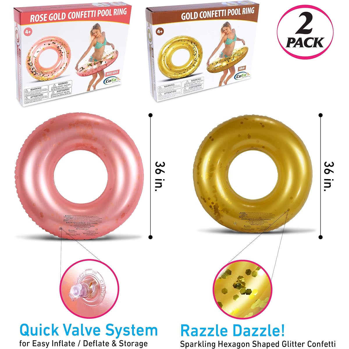 Mozlly Gold & Rose Gold Set of 2 Inflatable Pool Float Tubes - Premium Confetti Swim Ring Floater (36 Inch) Vinyl Water Tubes Fun Pool Toys for Beach Lake Party Vacation Decoration - 2 Pack