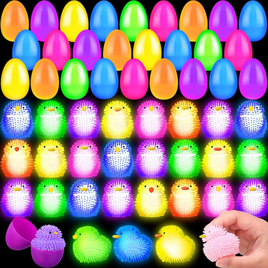 96 Pieces Easter Egg Filled Chick Duck LED Puffer Ball Easter Party Favors for Kids Light Up Stress Relief Fidget Toy Sensory Ball Easter Basket Stuffer Boys Girls Hunt Filler Favors Gift