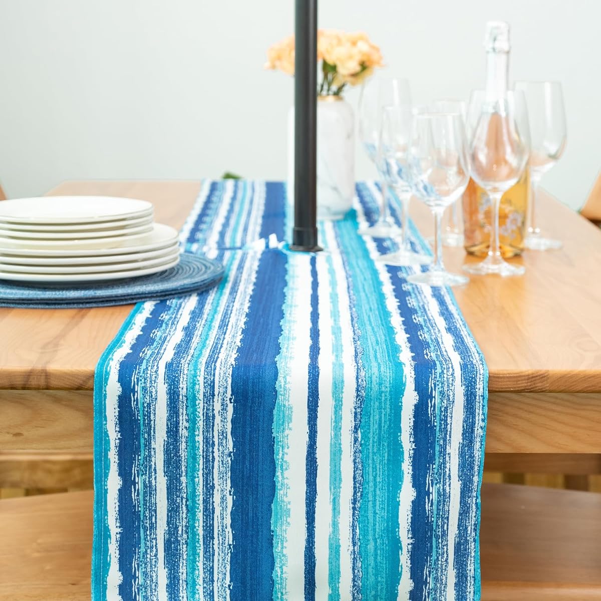 Spring Summer Outdoor Table Runner - 14 x 108 Inch Rectangle Tabletop - Waterproof Wrinkle Free with Zipper and Umbrella Hole Crayon Art (Ocean)