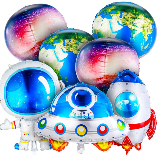 7pcs Galaxy Space Balloons Big Universe Cartoon Inflatable Rocket Astronaut Earth Spaceship Planet Foil Balloon Space Theme Party Supplies Galaxy Birthday Party Photo Decoration