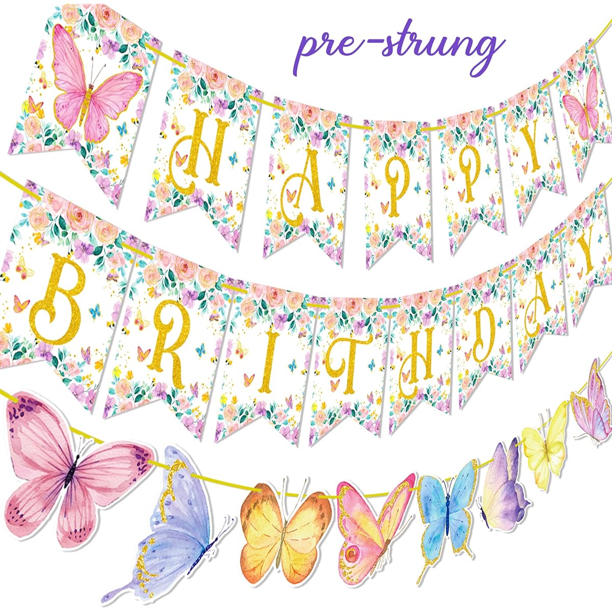 Butterfly Happy Birthday Banner,Butterfly Birthday Party Decorations,Butterfly Floral Theme Party,Spring Summer Theme Party,Baby Shower Wedding Supplies
