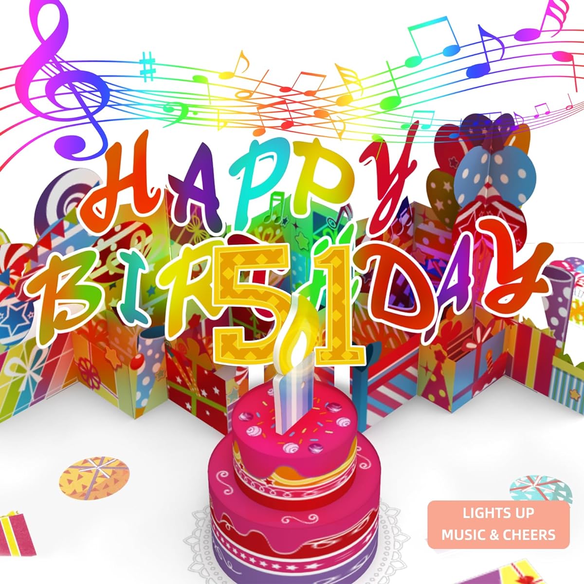 Gumry 51ST Musical Birthday PopUp Card, Blowable LED Light Candle 3D Cards with Song 'HAPPY', Applause Cheers Sound,Color-Changing Lights,Colourful Greeting Cards for Women Men Turning 51 Years Old