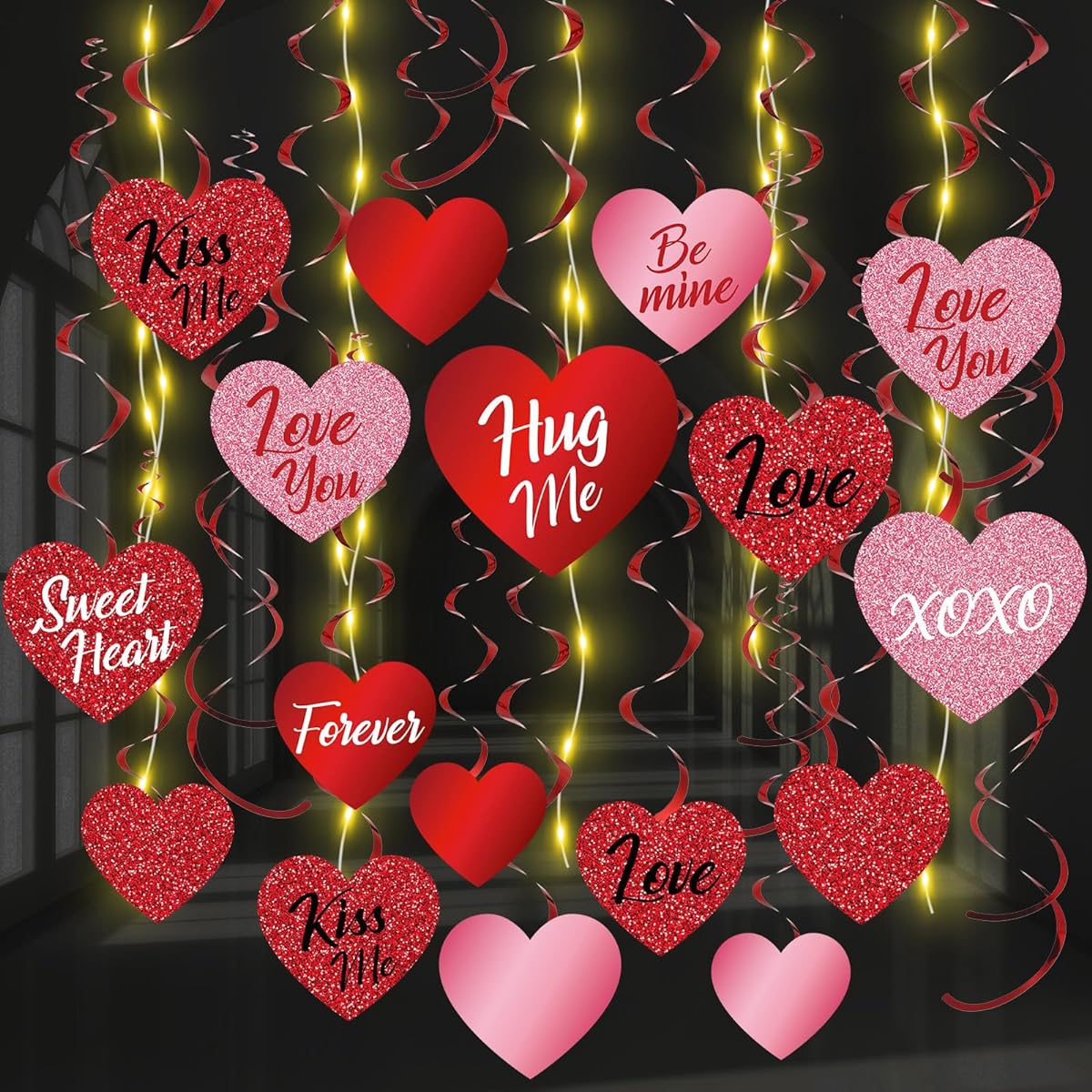 Pasimy 30pcs Valentine's Day Hanging Decorations Valentine's Day Heart Ceiling Hanging Swirls with Lights Valentine's Day Party Streamer Valentine's Day Wedding Anniversary Party Decoration Supplies
