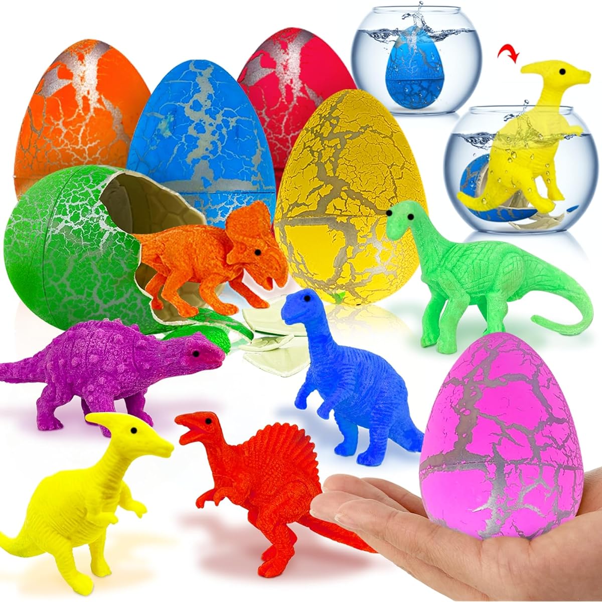 AMENON 6 Pack Jumbo Easter Dinosaur Eggs, 3 Inch Dinosaur Eggs Hatching Dinosaur Eggs Water Crack Surprise Easter Egg Hunt Game Easter Basket Stuffers Easter Gifts Party Favors for Toddlers Kids Boys Girls