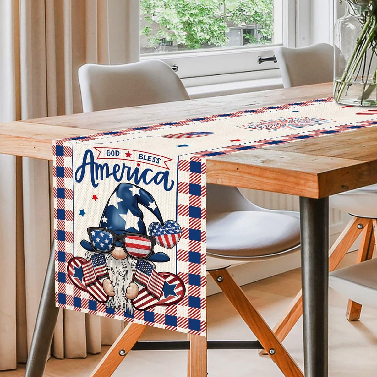 Buffalo Plaid Gnome 4th of July Patriotic Memorial Day Table Runner Independence Day Holiday Gnome Kitchen Dining Table Decor Indoor/Outdoor/Home Party Decor 13 x 72 Inch
