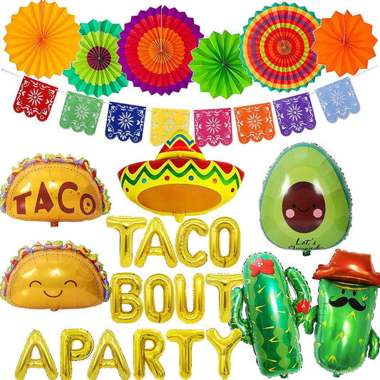 26pcs Taco Party Decorations Fiesta Party Decorations with Paper Fans Fiesta Banner Taco Cactus Avocado Sombrero Foil Balloons Mexican Party Decorations Taco Party Decorations
