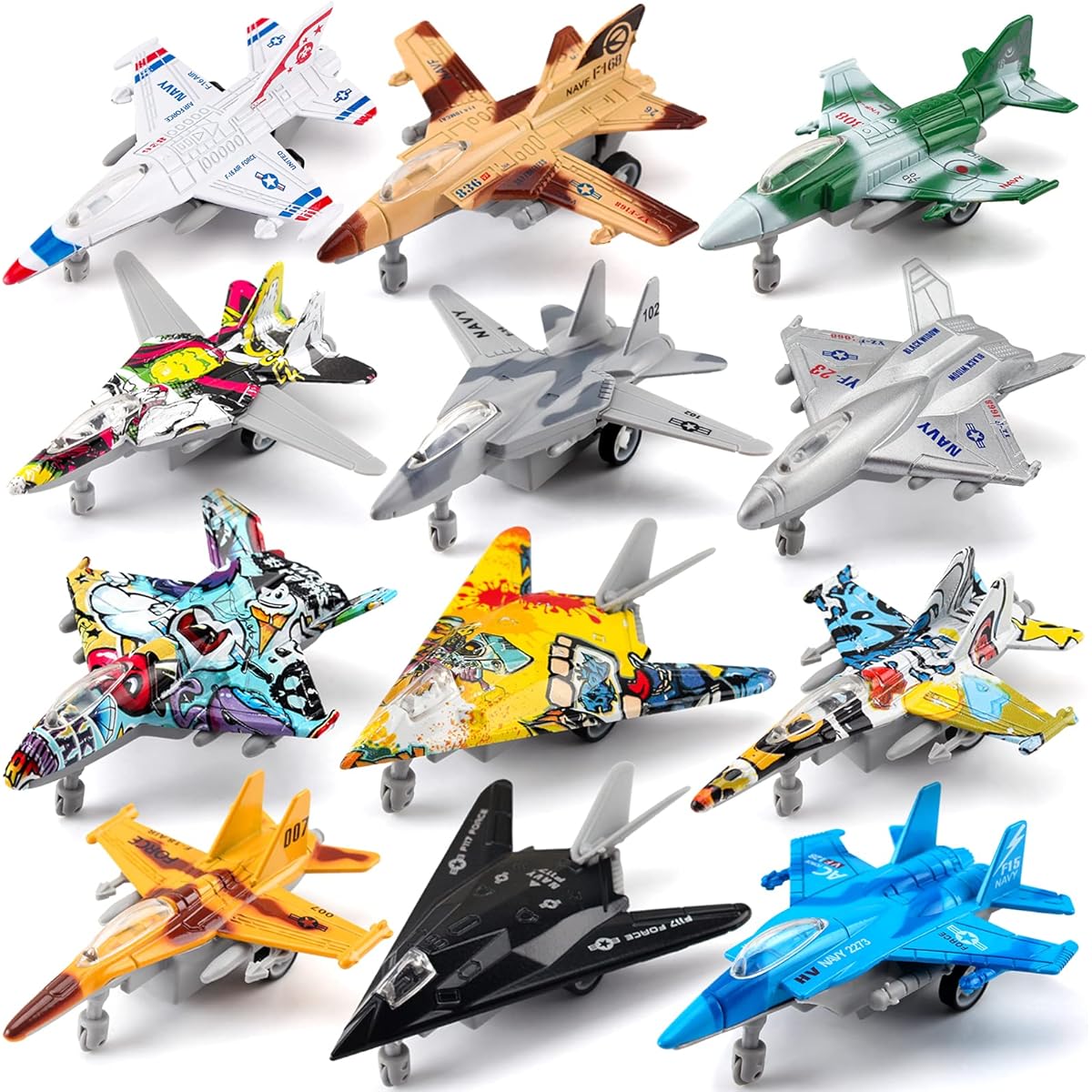 Atralo Service 12-in-1 Model Airplane Toy Set Diecast Metal Military Theme Fighter Jet Mini Air Force Kids Playset