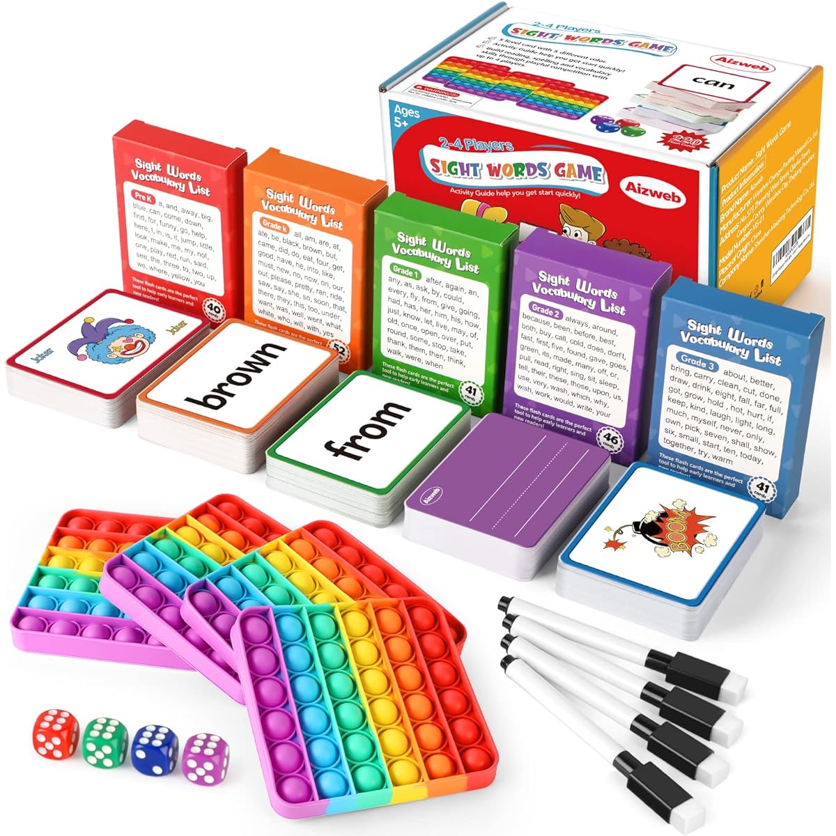 Aizweb Sight Word Games Flash Cards with Pop Mat & Dice for Kindergarten 1st Grade 2nd Grade 3rd Grade Fidget Education Reading Learning Sights Vocabulary Kids Classroom Homeschool Supplies
