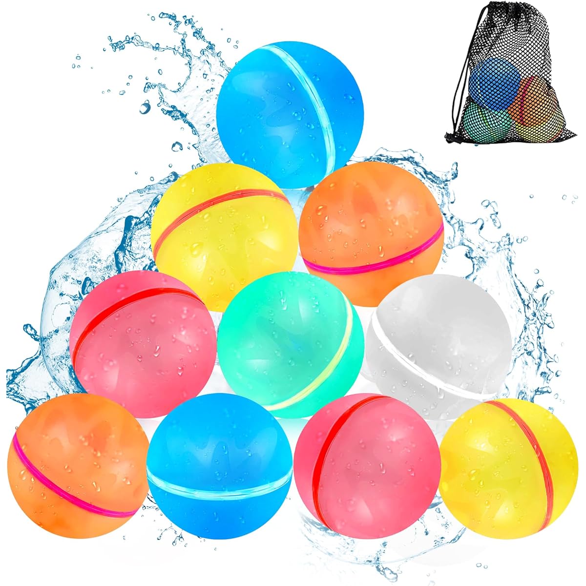 Reusable Water Balloons Self Seal Quick Fill Latex Free Silicone Magnetic Refillable Water Balloons for Kids Summer Outdoor Pool Party Water Game - Happy Water Bomb Splash Ball (Pack of 10)