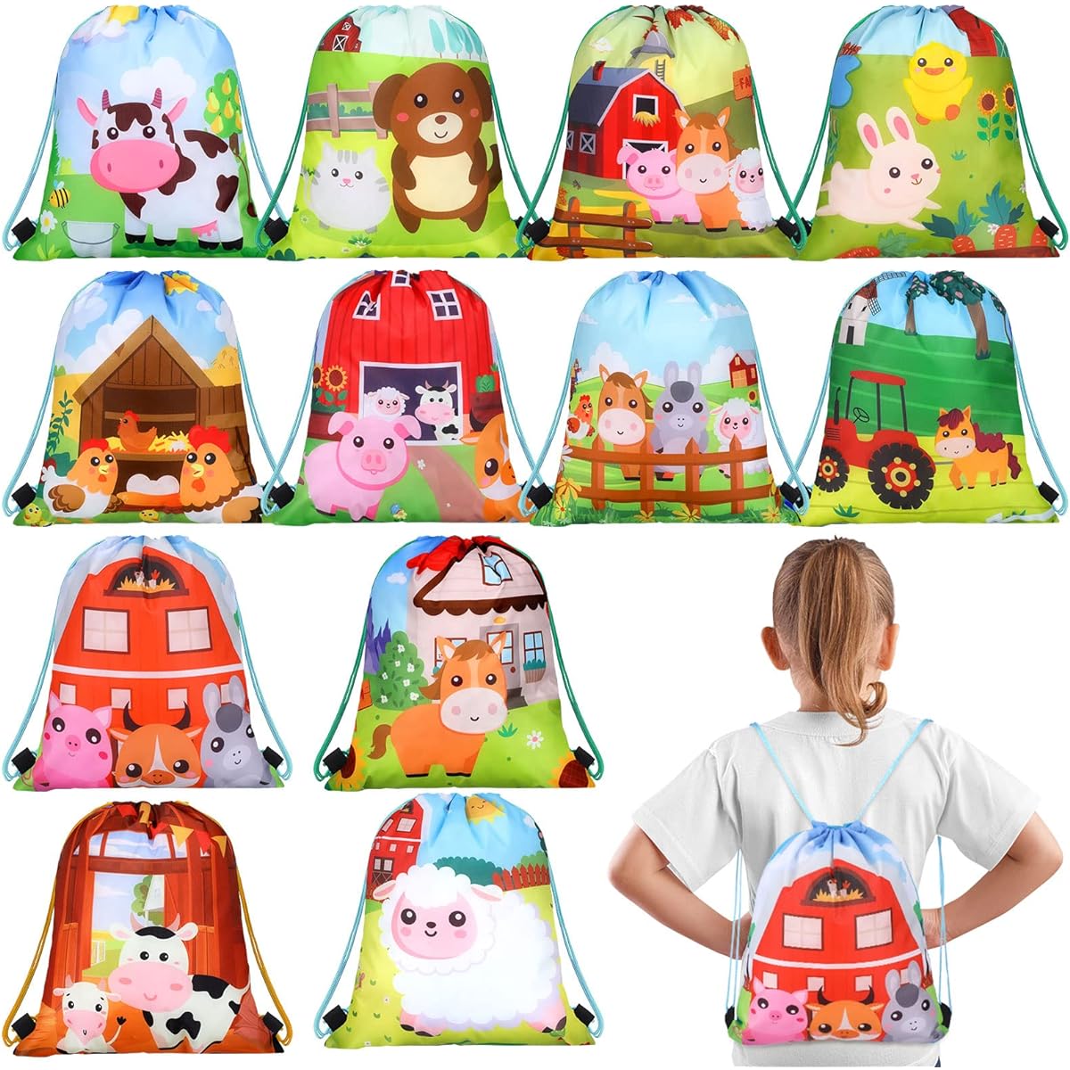 24 Pack Farm String Bags 12 x 10 Inch Farm Animals Party Favors Gift Bags Farm Birthday Party Supplies Farm Animals Backpack Drawstring Pouches Wraps Goodie Bags for Kids Girls Boys Travel Decor