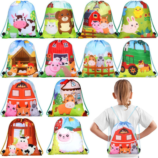 24 Pack Farm String Bags 12 x 10 Inch Farm Animals Party Favors Gift Bags Farm Birthday Party Supplies Farm Animals Backpack Drawstring Pouches Wraps Goodie Bags for Kids Girls Boys Travel Decor