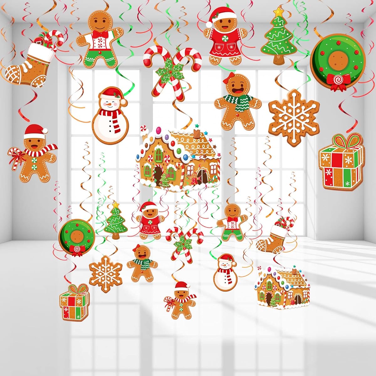 52pcs Christmas Gingerbread Man Party Hanging Swirl Decoration Merry Gingerbread Man Snowflake Christmas Tree Ceiling Hanging Streamer Swirl Christmas Winter New Year Holiday Party Supplies