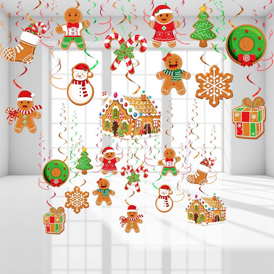 52pcs Christmas Gingerbread Man Party Hanging Swirl Decoration Merry Gingerbread Man Snowflake Christmas Tree Ceiling Hanging Streamer Swirl Christmas Winter New Year Holiday Party Supplies