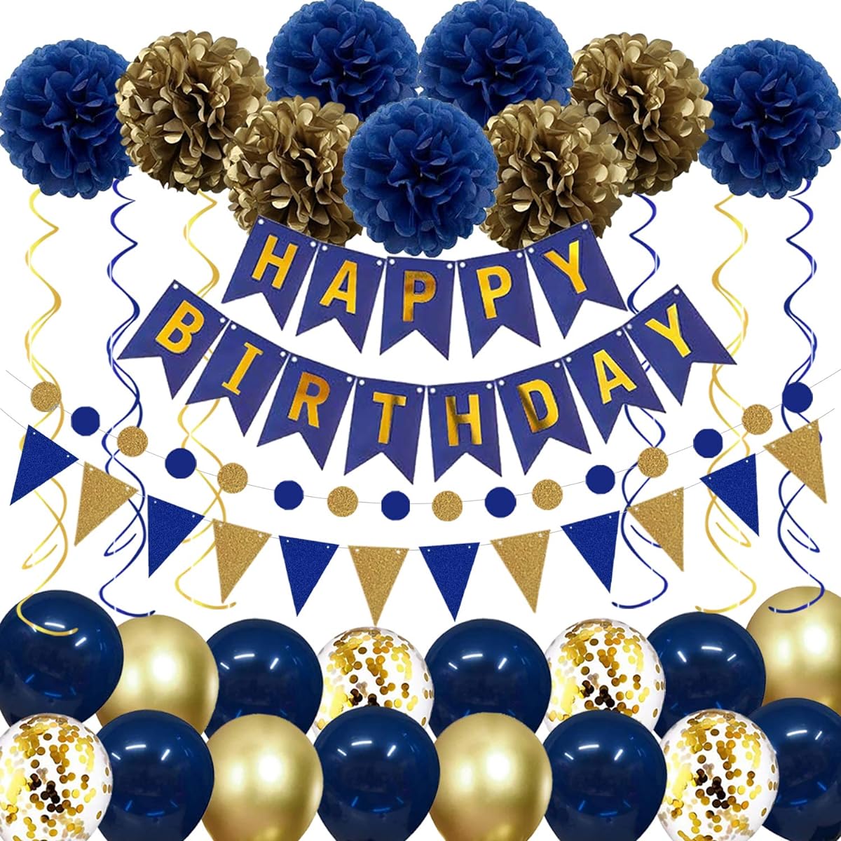Navy Blue Gold Birthday Decorations Birthday Party Supplies Unisex Boys Girls Happy Birthday Banner Tissue Paper Flowers Pom Poms Pennants Circles Dot String Latex Confetti Balloons