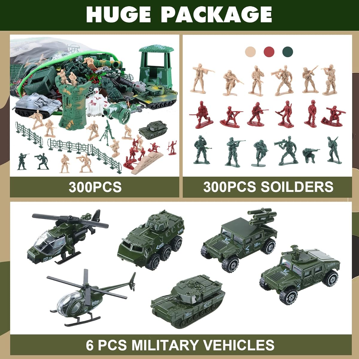 606 Plastic Army Men Toys 300 Pieces Toy Soldiers 300 Pieces Army Toys 6 Piece Assortment Tank Helicopter Panzer Car Military Vehicles Mini Army Guys Military Figure Set for Young Teens