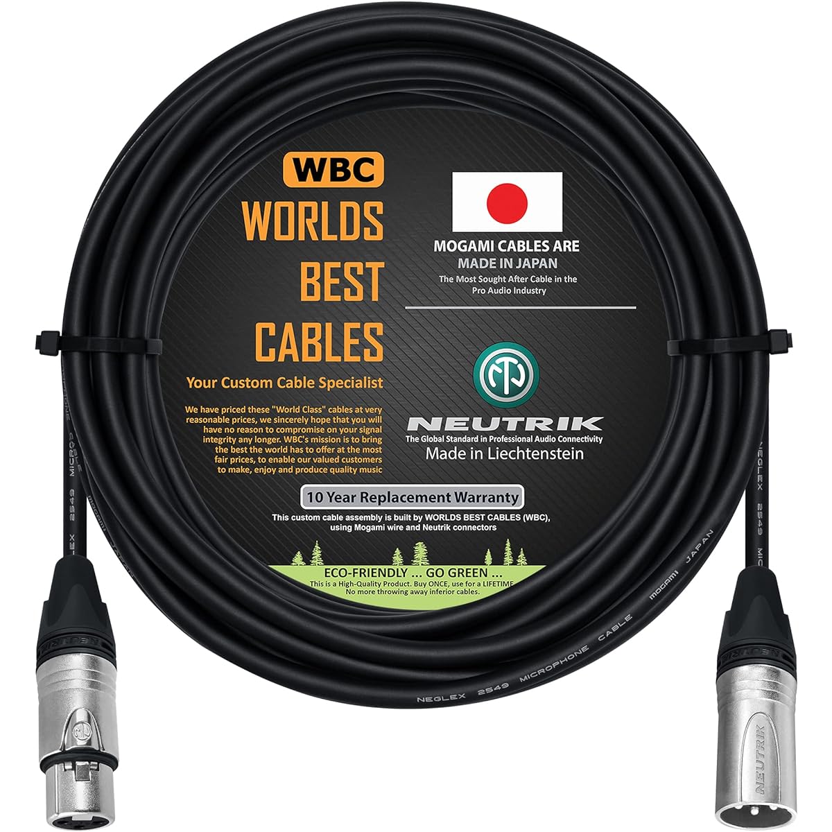 WORLDS BEST CABLES 30ft Balanced Microphone Cable Mogami 2549 (Black) Wire and Neutrik NC3MXX & NC3FXX Silver XLR Plug