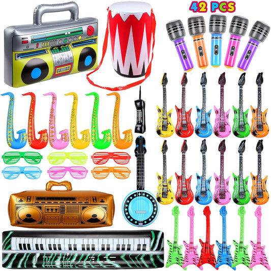 42 Pieces Inflatable Rock Star Toy Set, Inflatable Party Props Musical Instruments 80s Party Decorations 90s Theme Party Decorations, Including Inflatable Guitar, Bass Guitar, Saxophone Microphone and More