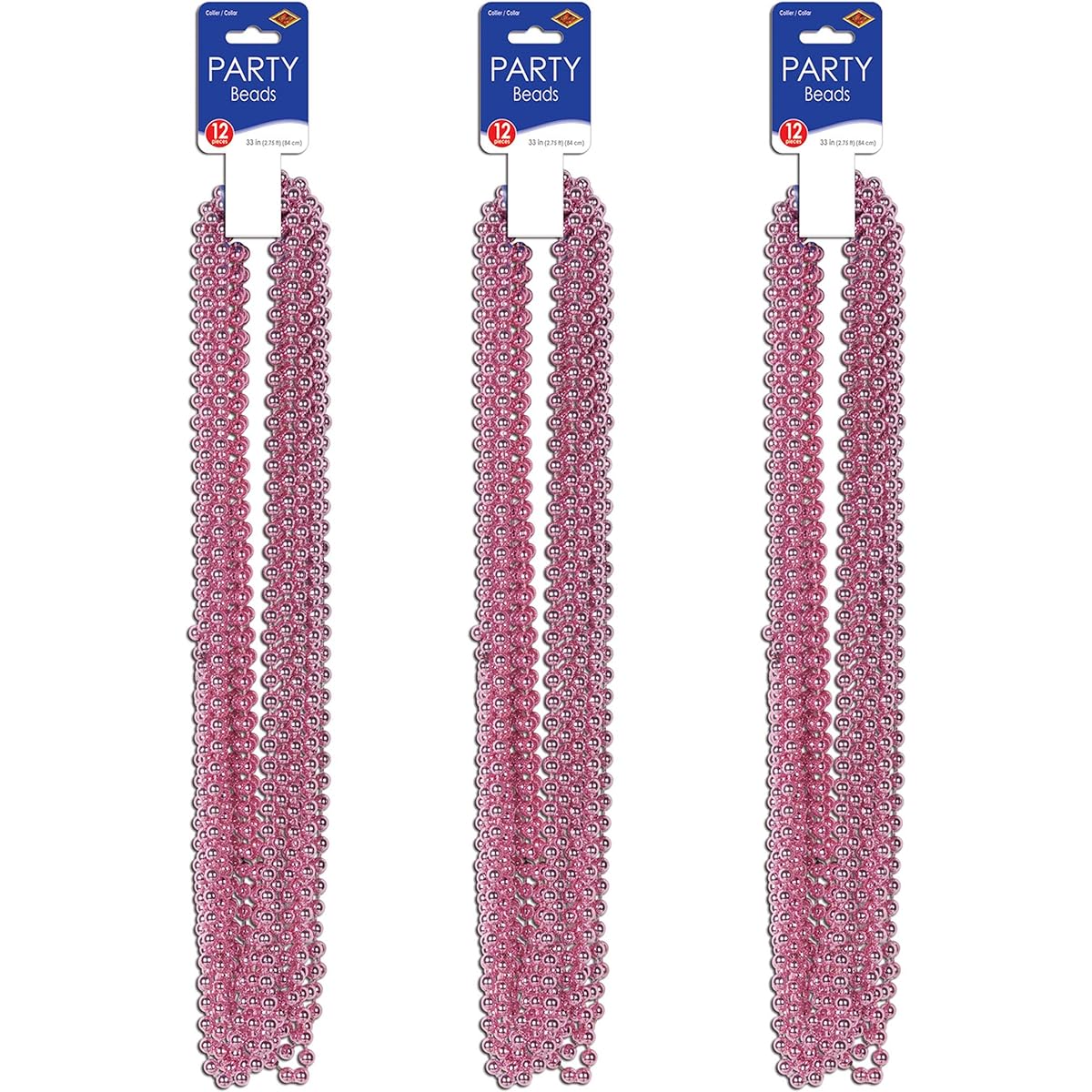 Beistle S50570-PAZ3 Small Round Plastic Necklace 36 Pieces Baby Shower Party Supplies Mardi Gras Favors Birthday Beads 33" Pink