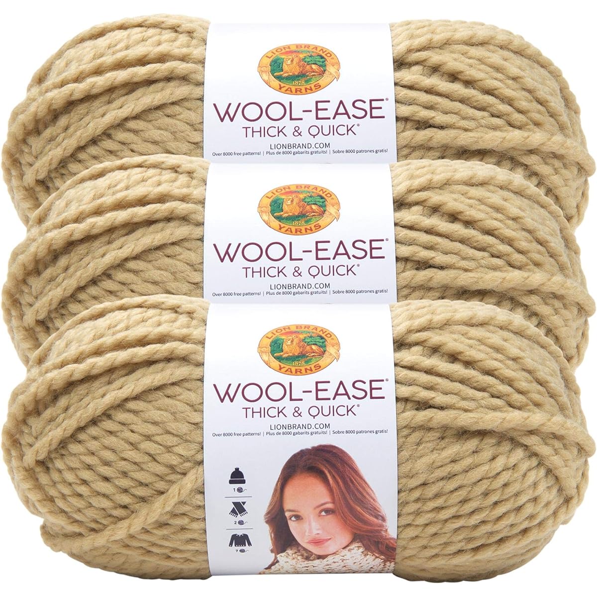 Lion Brand Yarn, Wool Yarn - Ease Thick and Fast Yarn, Soft and Bulky Yarn for Knitting, Crocheting, Crafts, Pack of 3, Peanuts