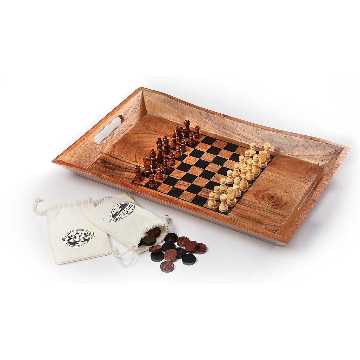 Wonder-ful Gifts Inspired Ottoman Tray with Chess Board, 2-in-1 Design with Chess Pieces, Fabric Storage Bag, Serving Tray, Decorative Game Tray, Whimsical Decorative Wooden Tray, Acacia Wood
