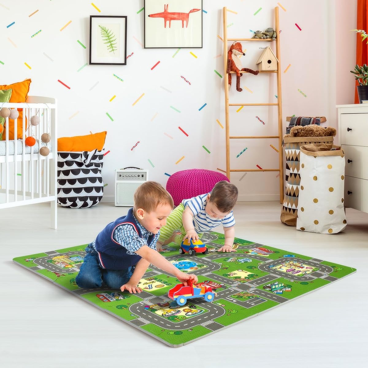 Sorbus Traffic Play mat Puzzle Foam Interlocking Tiles - Kids Road Traffic Play Rug - Children Educational Playmat Rug Baby Play Set Mat - Great for Playing with Toy Cars Trucks (9 Tiles with Borders)