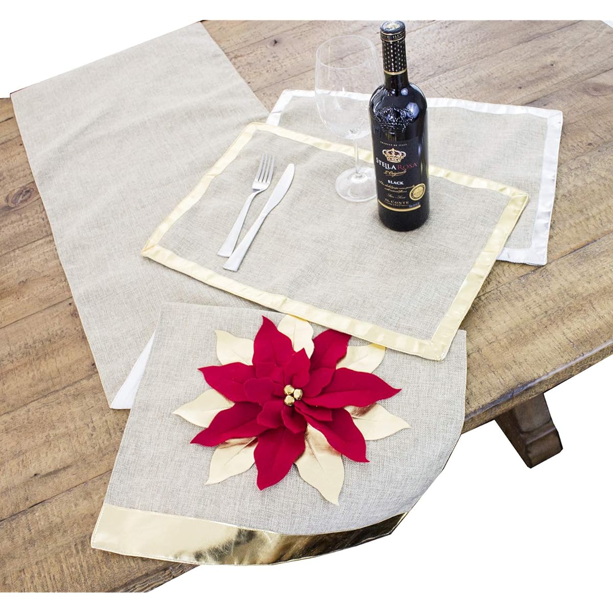 Fenneco Styles Holiday Unique 3D Poinsettia Christmas Decorative Throw Pillow 16"x72" Table Runner Gold