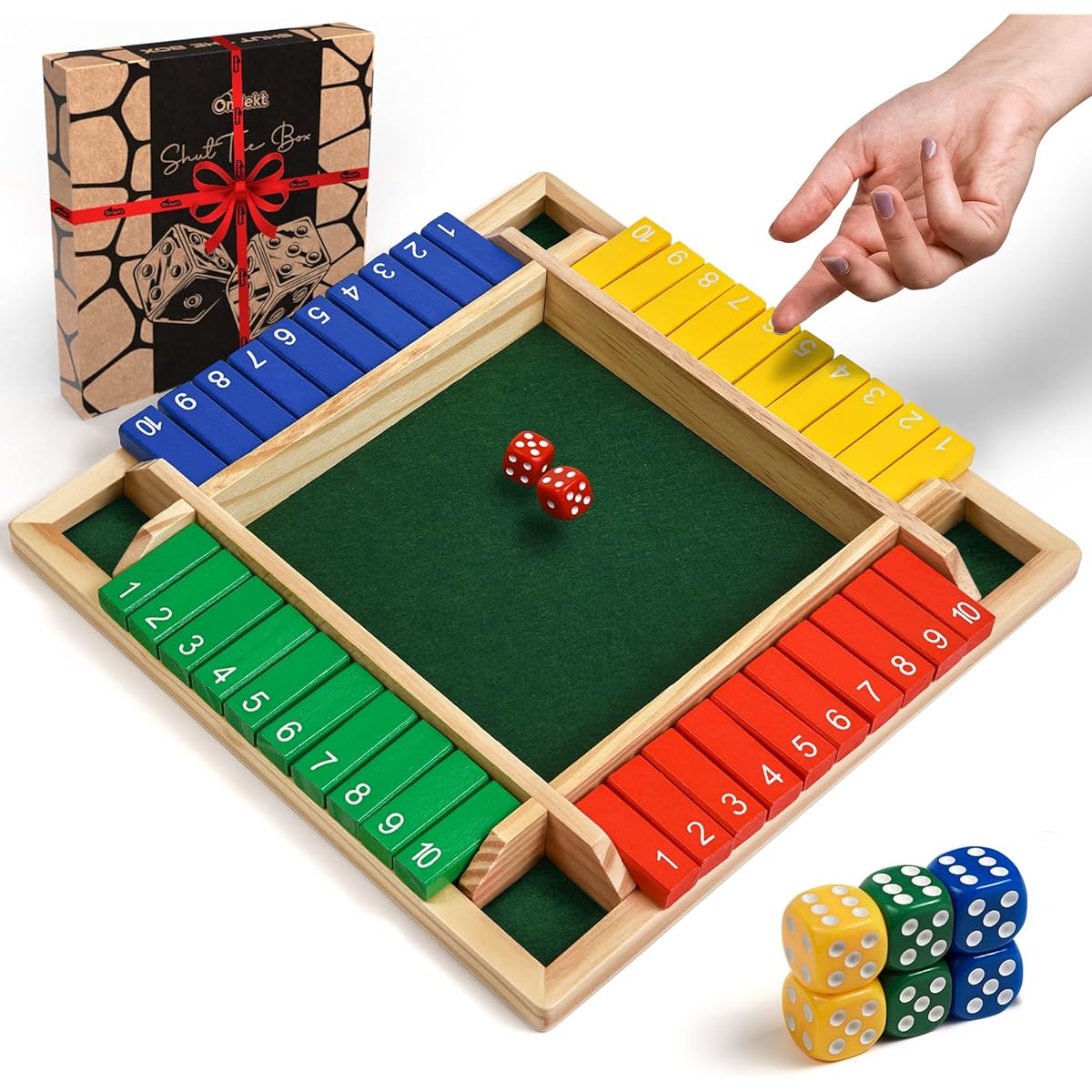 Wooden Shut The Box - Indoor Dice Game - Perfect for 2-4 Players - Family Game - Colorful Design - Comfortable Felt - Smart Math Game - Fun Learning Board Game - Nice Gift Packaging
