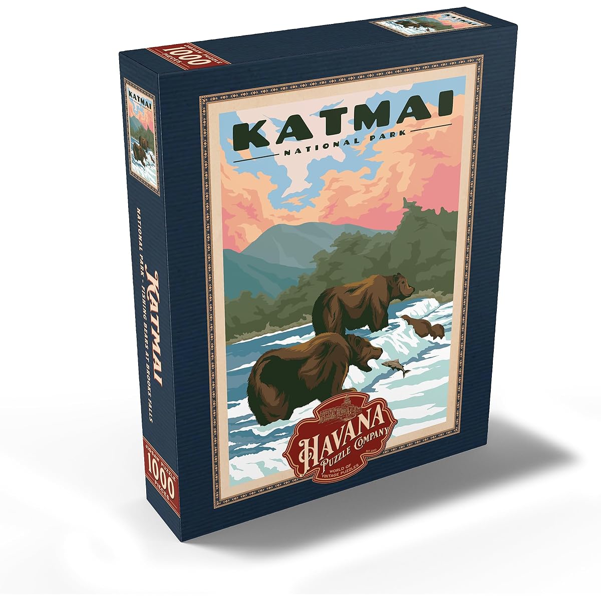 Katmai National Park - Brooks Falls Fishing Bear Vintage Travel Poster - Premium 1000 Piece Jigsaw Puzzle for Adults