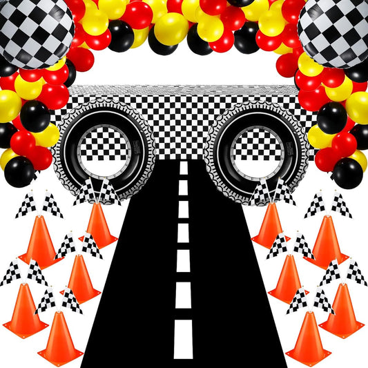 81 Pieces Checkered Racing Car Party Decorations with 53 Balloons, Traffic Cones, Checkered Flags, Tablecloth, Race Track, Running Mat, Tire Tube Rings for Car Theme Party Decorations