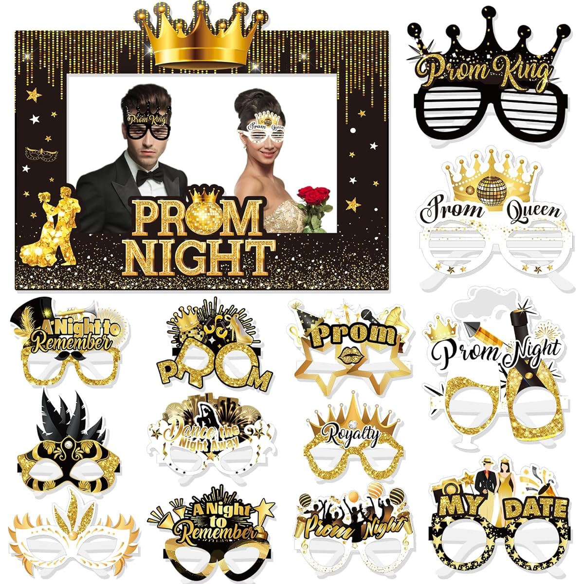 HOWAF Prom Night Photo Booth Props Kit - 1 Prom Night Photo Frame with 13 Prom Night Paper Glasses, 2024 Graduation Prom Party Supplies, Prom Night Eyewear for Prom 2024 Glasses