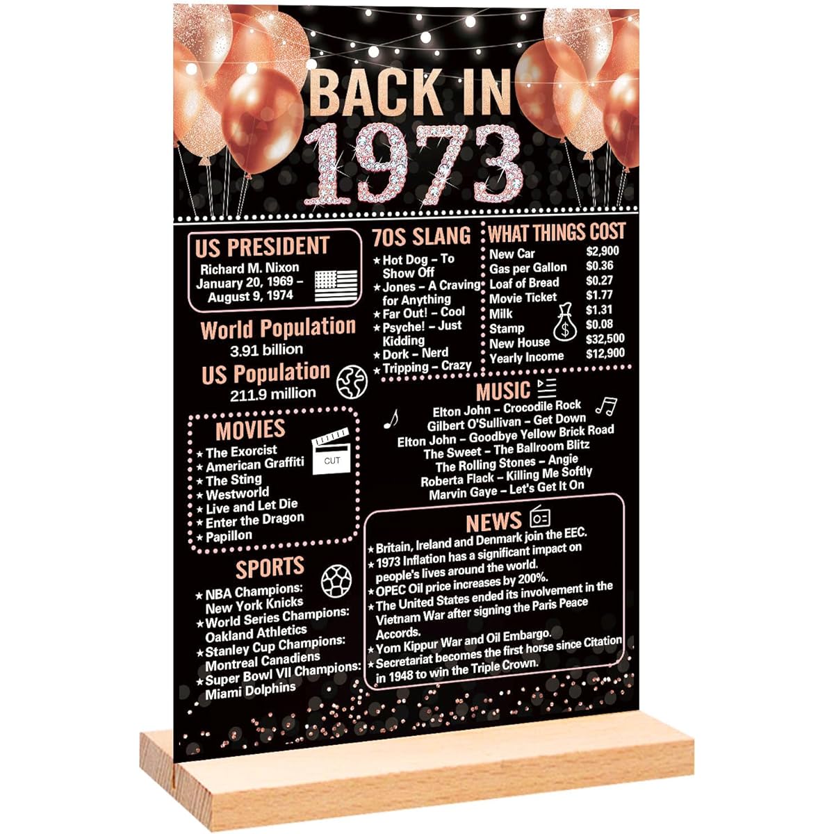 Trgowaul 1973 50th Birthday Party Table Centerpiece Decorations Rose Gold Back in 1973 Poster Acrylic Table Sign with Wooden Stand