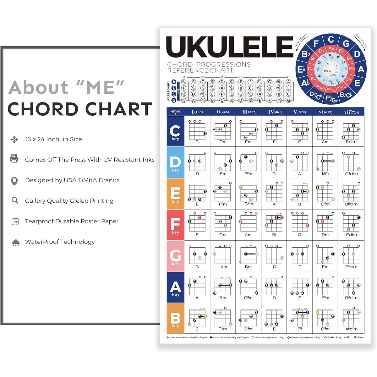 Ukulele Chords Poster Chart Beginner's Educational Reference Guide Learn Chord Progressions Play Ukulele Chord Sequences in Any Key Includes Ukulele Fingerboard Notes & Circle of Fifth Wheel Chart