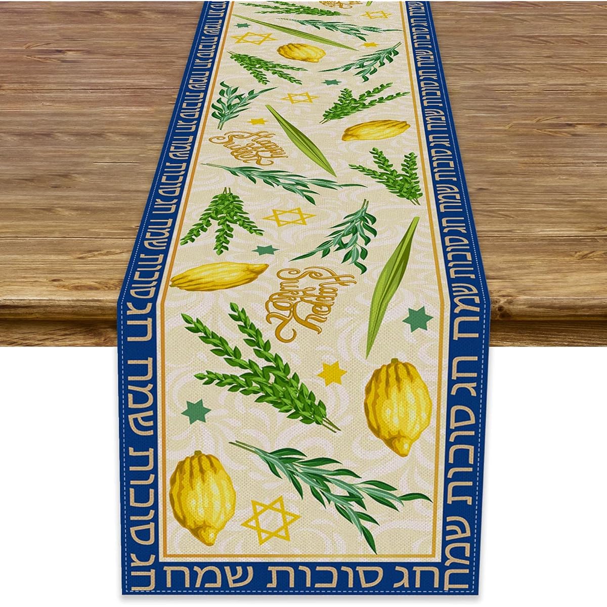 Linen 13x72 Inch Sukkot Table Runner Hebrew Etrog Lulav Jewish Table Decorations Sukkah Kitchen Dining Room Party Decor