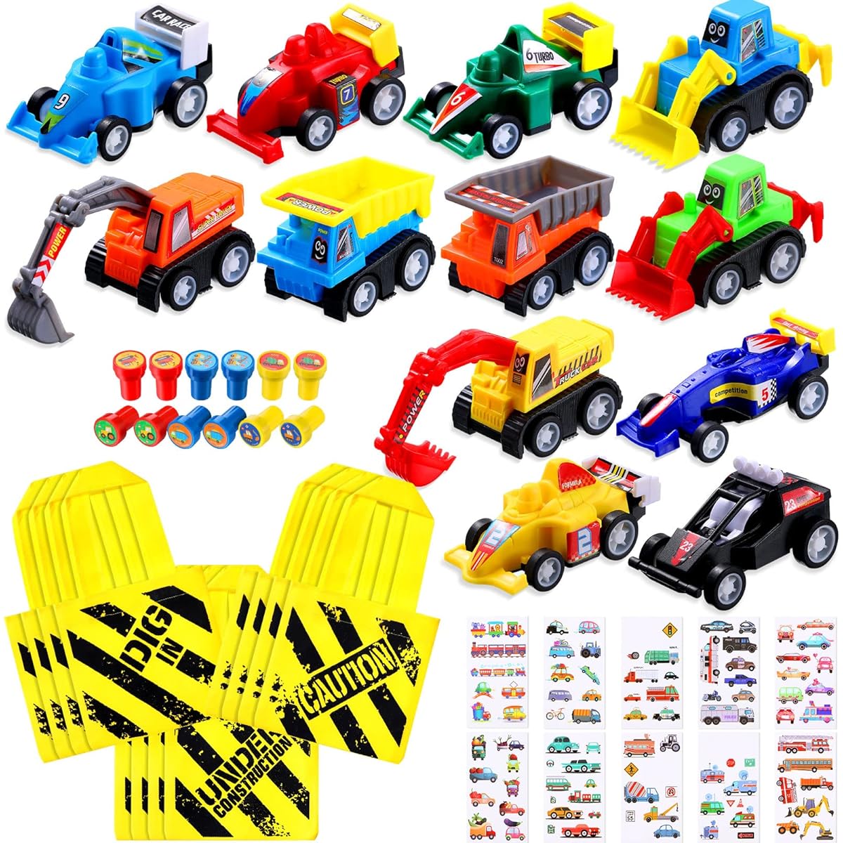 46 Pieces Buildable Birthday Party Supplies 12 Party Bags 12 Mini Dump Trucks 12 Truck Stampers 12 Stick-On Easter Tattoos Party Favors for Boys Girls Classroom Rewards