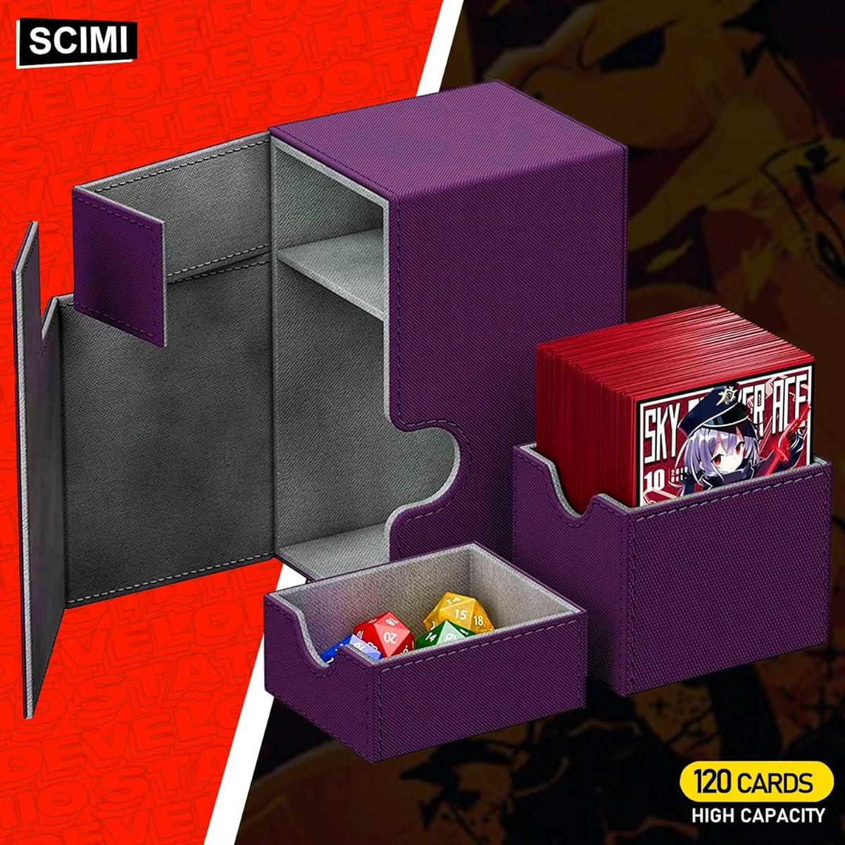 Scimi Large Premium Double Deck Case Box 100/120 Sleeved Card Case Large Twin Flip Deck Case with Dice Tray Compatible with MTG/TCG/CCG (Purple)